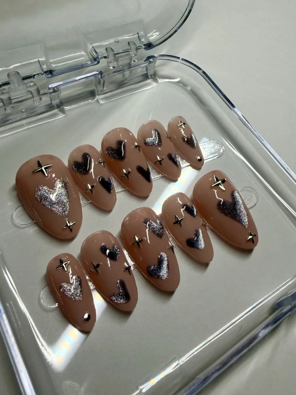 Handmade Heart Design + Stars Press-on Nails